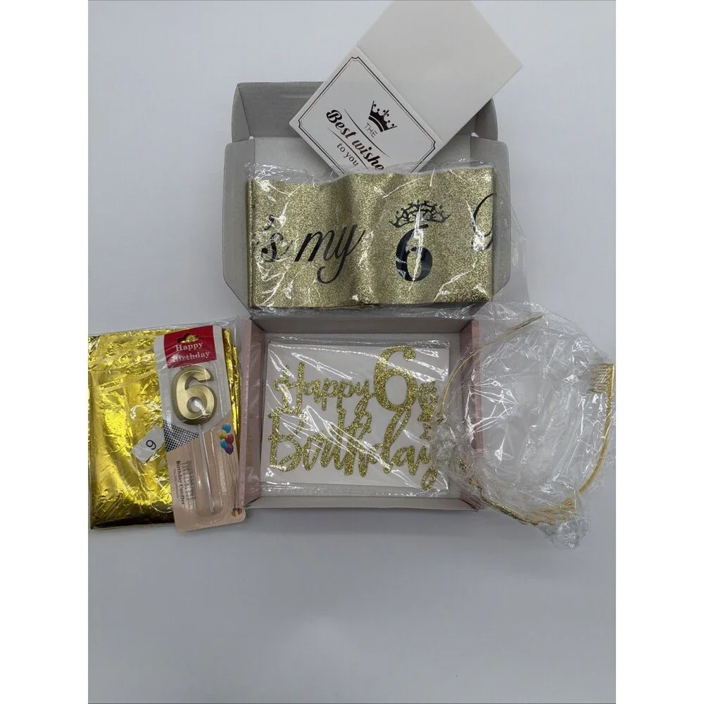 Gold jewel crown and sash set for 6th birthday
